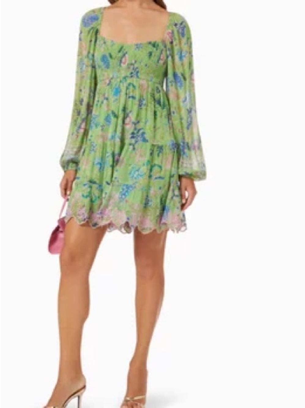 NWT HEMANT & NANDITA Rhea Pear Green Floral Long-Sleeve Mini Dress | Size XS
